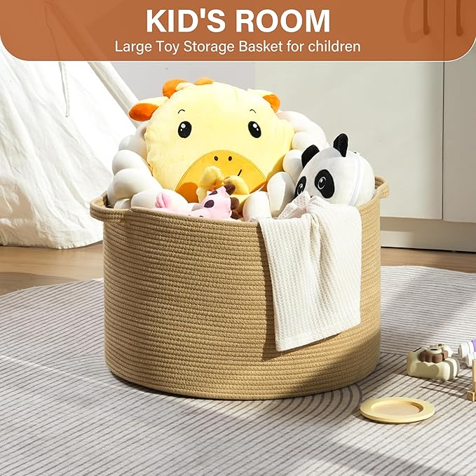 Foldable Laundry Hamper Basket with Collapsible Handle Cotton Rope Soft Woven Fabric Storage Organizer Clothes Toys Nursery Bedroom Dorm Space Saving Bin (Camel, 80L(21.7"D x 13.8"H))