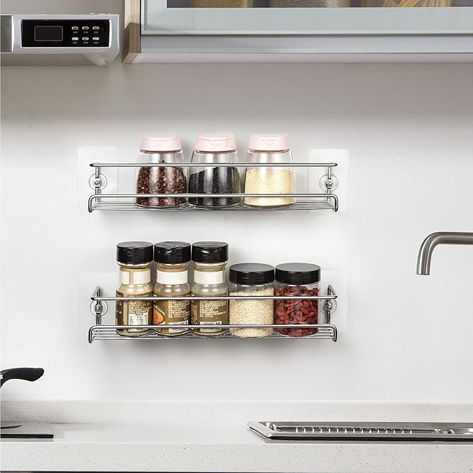 Lonian 2-Tier Wall Mounted Spice Rack Organizer, Chrome Metal Spice Shelf Storage Basket for Kitchen Cabinet/Pantry Door, Includes Drilling & No-Drilling Installation Options