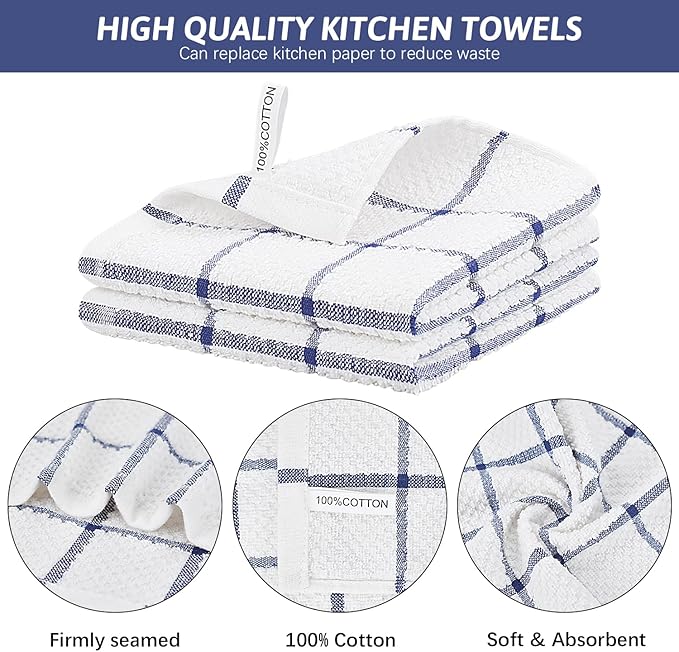 Nialnant 4PCS Cleaning Rags,100% Cotton Terry Dish Rags for Washing Dishes,Quick Drying Dish Cloths,Dish Towels for Kitchen,Navy Blue Plaid-12x12in