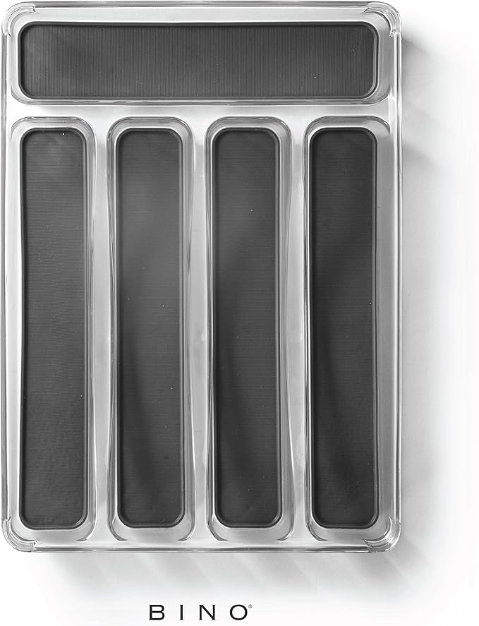 BINO 5-Slot Silverware Organizer for Drawer | Plastic Utensil Organizer for Kitchen Drawers | Silverware Tray for Drawer Organization | Utensil Kitchen Drawer Organizer w/Grip Lining (Grey)