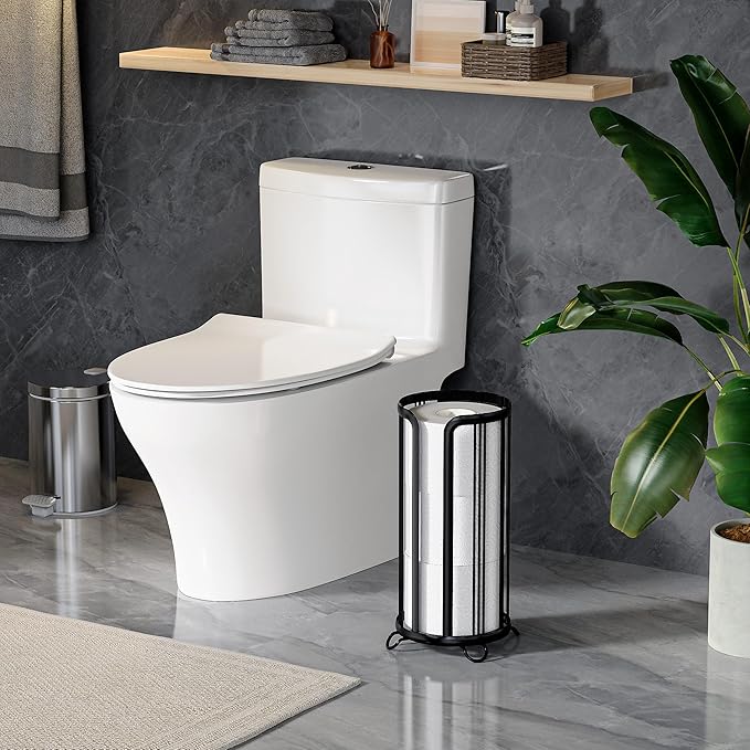 Toilet Paper Holder Stand, Freestanding Toilet Tissue Organizer, Minimalistic Storage Solution, Reserve Mega Rolls- Black