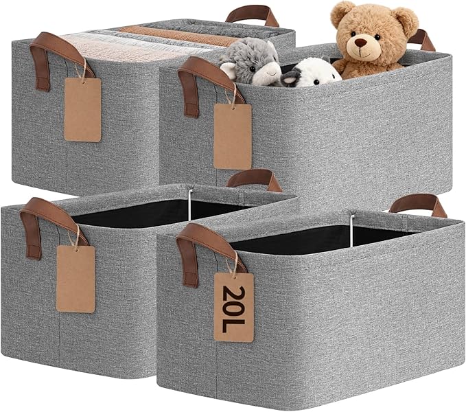 CHICVITA 4 Pack Storage Baskets for Shelves, Foldable Fabric Storage Bins with Metal Frame Handles, Closet Organizer Bins for Toys Blankets, 14.8" x 10.3" x 8.3", Gray
