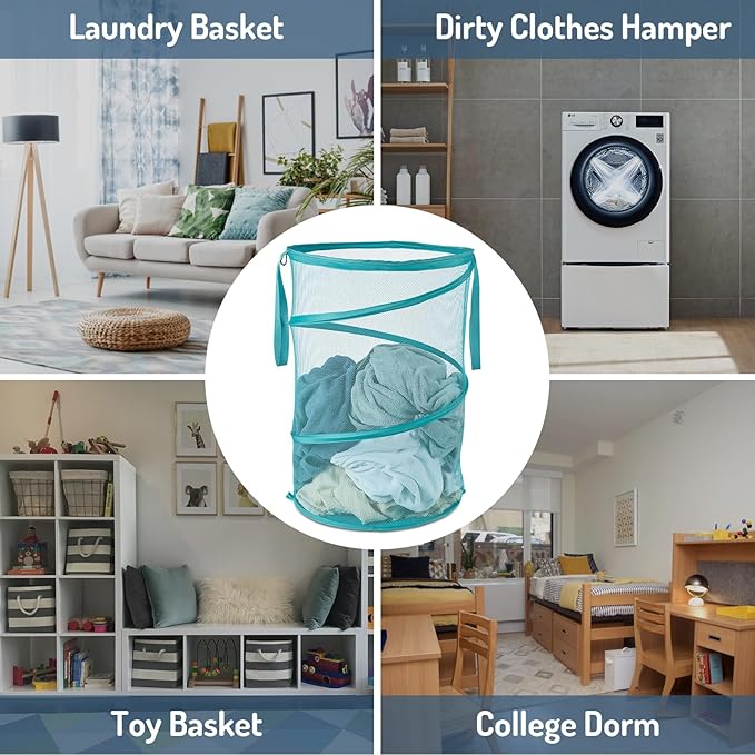 Mesh Popup Laundry Hamper 115L Collapsible Laundry Basket No Lid Extra Large Capacity Foldable Clothing Storage Basket with Handles 26 H x 18 W x 18 L (Turquoise Blue)