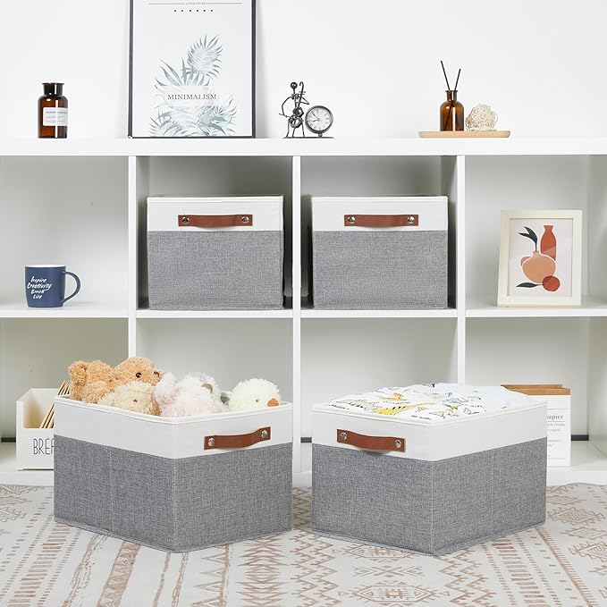 Bidtakay Storage Bins 4-Pack Collapsible Fabric Storage Baskets for Organizing 15x11x9.5 Inches White/Light Grey