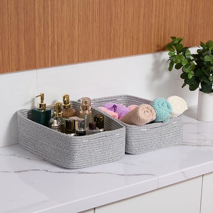 Large Shallow Organizing Baskets 15x11x5.1 Inches - Rope Woven Storage Bins for Bathroom, Shelves, Cube Closet, Mixed Grey 3 Packs