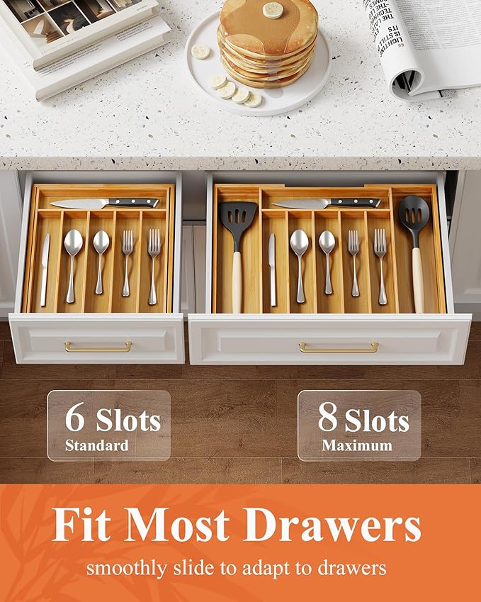 Kitsure Extra Large Bamboo Silverware Organizer - Expandable Drawer Organizer for Utensil, Cutlery and Flatware, Kitchen Storage Solution with 6 to 8 Slots, Natural, 19.7" × 15.4" × 2.0"