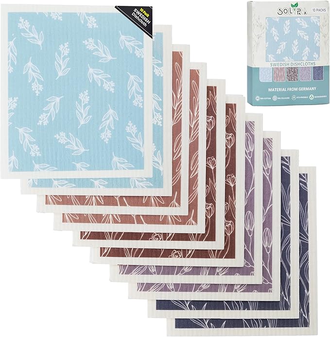 10 PCS Leaf Print Swedish Dishcloths for Kitchen 100% Biodegradable Reusable Cellulose Sponge Cloths Ultra Absorbent, Eco-Friendly Cleaning Towels Dishcloths for Washing Dishes & General Cleaning