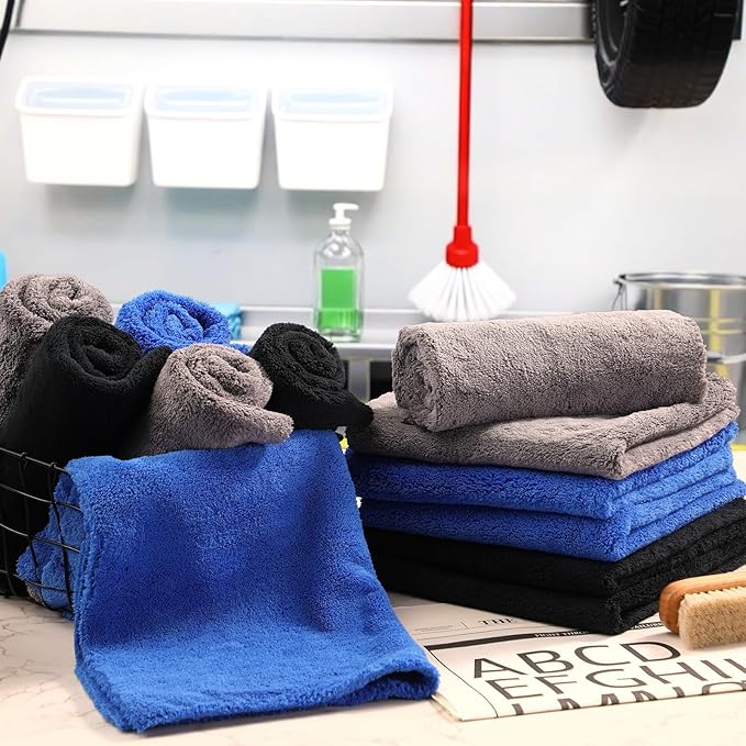 Shimeyao 30 Pcs 16 x 16 Inch Edgeless Microfiber Plush Towels for Cars Detailing Drying Wash Polishing Absorbent Cleaning Cloths, 500 GSM(16 x 16 Inch, Navy Blue, Gray, Black, 30 Pcs)