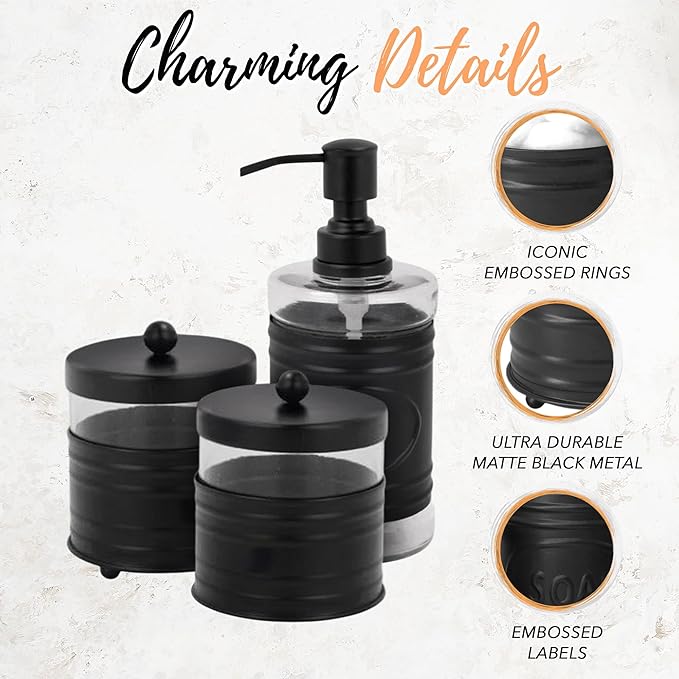 Autumn Alley Adorable 3 Piece Modern Farmhouse Bathroom Accessory Set for Sink/Vanity - Matte Black Soap Dispenser, Cotton Ball Container with Lid, Qtip Organizer – Rustic Farmhouse Bathroom Decor