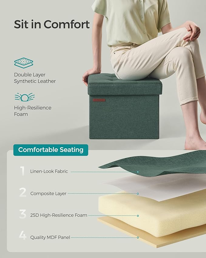 SONGMICS Mazie Collection - Small Folding Storage Ottoman, Foot Rest Stool, 12.2 x 16.1 x 12.2 Inches, 286 lb Load Capacity, for Living Room, Bedroom, Home Office, Dorm, Retro Green ULSF102C01