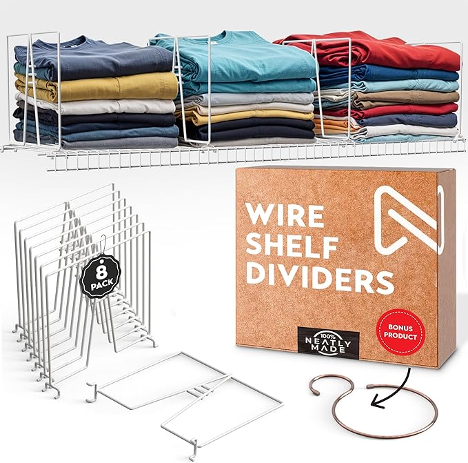 Tall White Wire Shelf Dividers for Closet Organization – Sturdy and Easy Set-Up Closet Shelf Dividers with Bonus Rose Gold Hanger (12, 12" x 12" Standard)