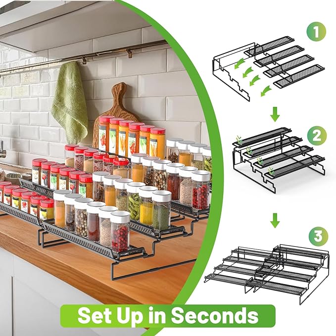 4 Tier Adjustable Spice Rack Organizer for Cabinet - Black (2 PCS S&L) Expandable Spice Shelf with Protection Railing for Inside Cabinets, Countertop, Pantry Storage & Seasoning Organization