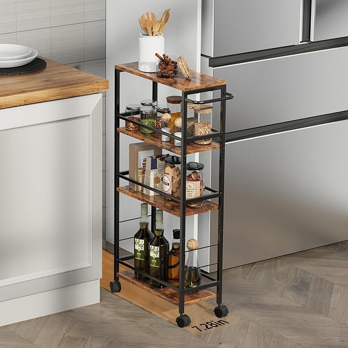 Narrow Storage Cart with Wheels, 4-Tier Narrow Kitchen Carts Slim Rolling Cart, Skinny Storage Cart, Snack Cart Slim Laundry Carts with Handle for Livingroom, Diningroom, Office（Rustic Brown, Black）