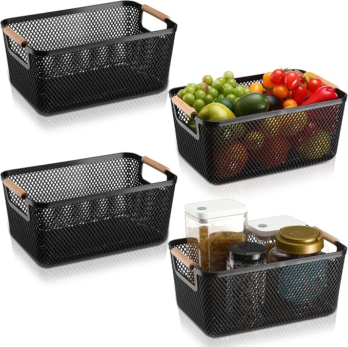 Tioncy 4 Pcs Plastic Mesh Baskets with Wood Handle Woven Mesh Storage Organizer Bins Multi-function Rectangle Baskets for Home Pantries Shelves Closet Kitchens Bedrooms(10.4 x 7.2 x 4.7 Inches)