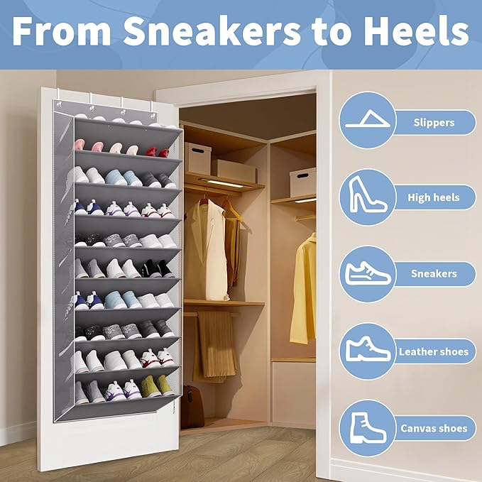30 Pairs Over The Door Shoe Organizer, 10-Tier Hanging Shoe Rack with Deep Pocket for Closet, Extra Large Shoe Storage Holder for Sneakers, Boots, Heels(Grey)