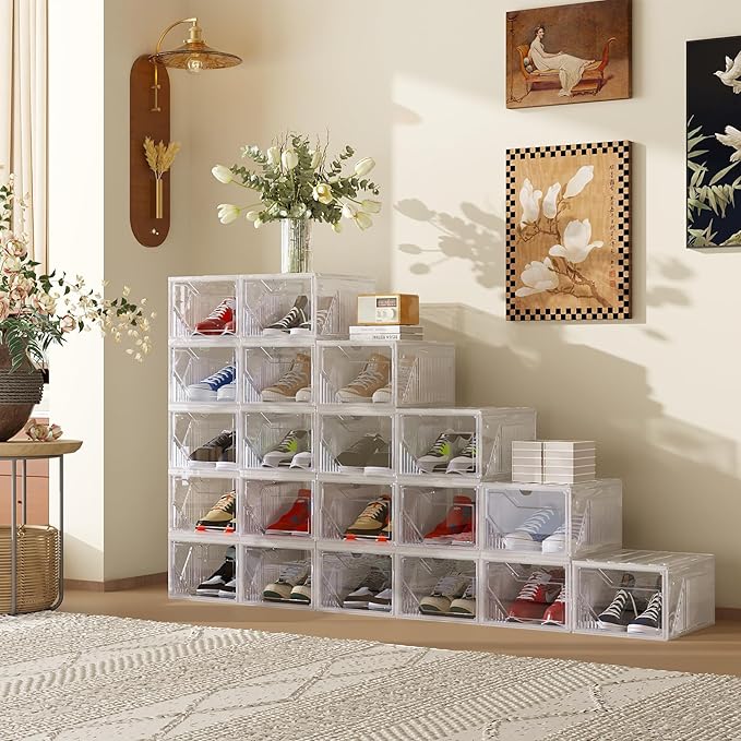 AWTATOS Shoe Boxes, 6 Pack Shoe Storage Organizers, Plastic Stackable Shoe Rack, Sneaker Containers, Toy Storage Bins for Entryway, Closet, Under Bed, Clear