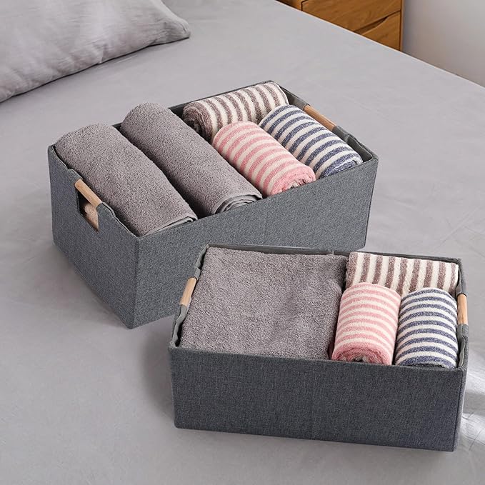 Fabric Storage Bin Box Foldable Cotton Linen Storage Basket with Wooden Handles Rectangular Cube Decorative Home Laundry Organizer Clothes Blanket Container – Gray, Large