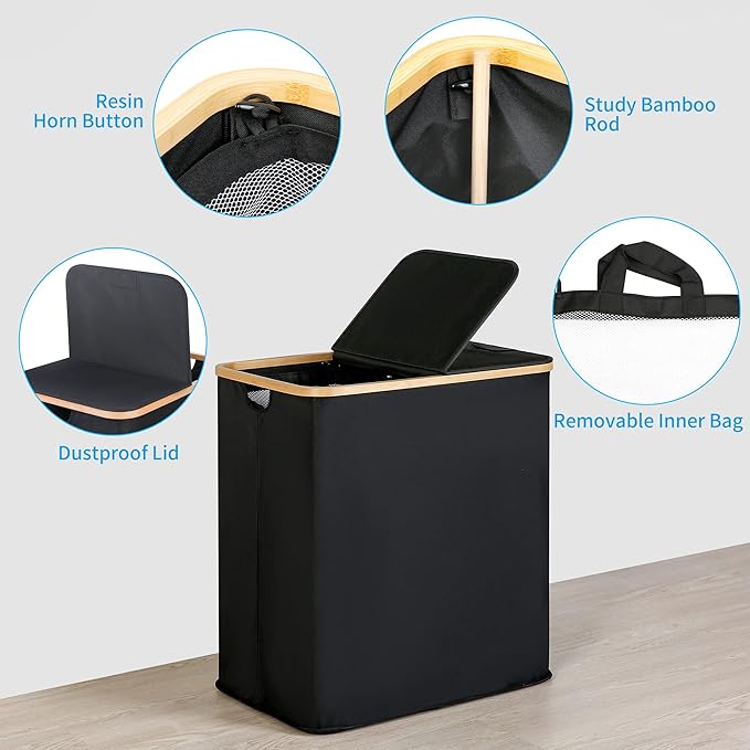 efluky Laundry Hamper with Lid, Double Laundry Hamper with 2 Removable Bags, 2 Section Laundry Basket with Bamboo Handles for Bathroom, Bedroom & Laundry Room, 140L (36.9 Gallon) Black
