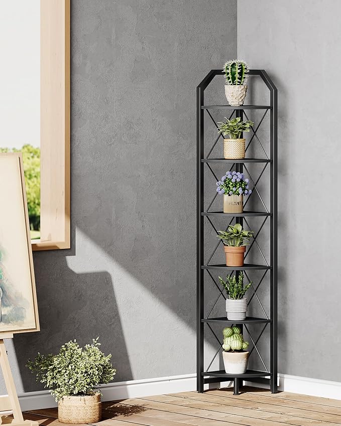 6-Tier Corner Shelf, Industrial Corner Bookshelf, 71.2" Display Storage Stand, Plant Stand Display Shelf, Tall Bookcase for Bedroom, Living Room, Home Office, Black TCJ11BB