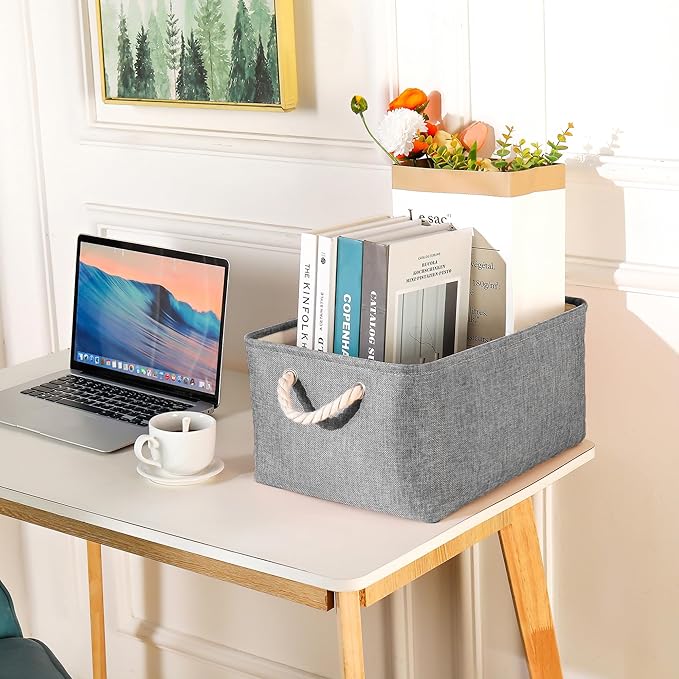 Storage Bins with Sturdy Cotton Handles(1 Pack), Fabric Storage Baskets for Organizing use for Office & Home, Book, Clothes, Toys, Closet Boxes (Medium, Grey, 14.2x10.2x7.1 inches)