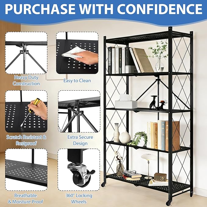 5-Tier Foldable Storage Shelf with Wheels, Heavy-Duty Metal Collapsible Shelving Unit, Rolling Storage Rack for Kitchen Pantry Garage Office, Pre-Assembled Organizer