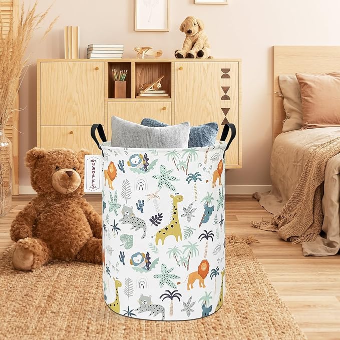 QUEENLALA Large Storage Basket,Laundry Hamper/Bathroom/Home Decor/Collapsible Round Storage Bin,Boys and Girls Hamper/Boxes/Clothing(Round-Animal)