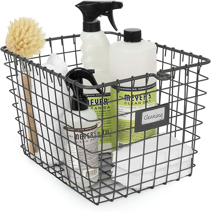 Spectrum Small Wire Basket with Label Plate Industrial Gray Square Wire Storage Basket for Kitchen Bathroom Laundry Pantry Closet Toy Under Sink Organization, Small Wire Basket Organizer for Storage