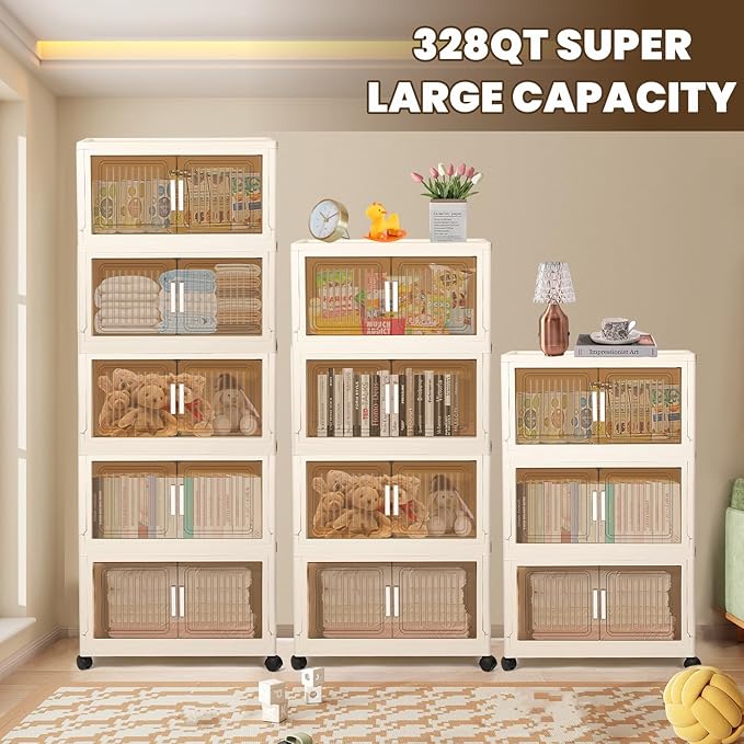 5 Pack 330 QT Stackable Storage Bins with Lids 82.5 Gal Storage Bins Closet Organizers and Storage Plastic Storage Bins Collapsible Storage Box with Wheels for Bedroom Living Room Dorm Office