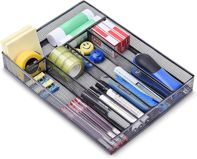 WuGeShop Silverware Drawer Organizer Black, Kitchen Drawer Organizer Metal Mesh Utensil Tray Non-Slip Cutlery Tray, 5 Compartments