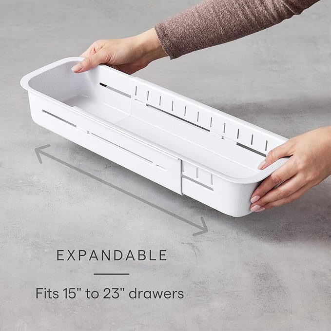 YouCopia DrawerFit Expandable Kitchen Drawer Organizer: Sliding Storage Tray for Utensils & Accessories in Deep Drawers, Expandable 15–23" wide, White Speckled BPA-free
