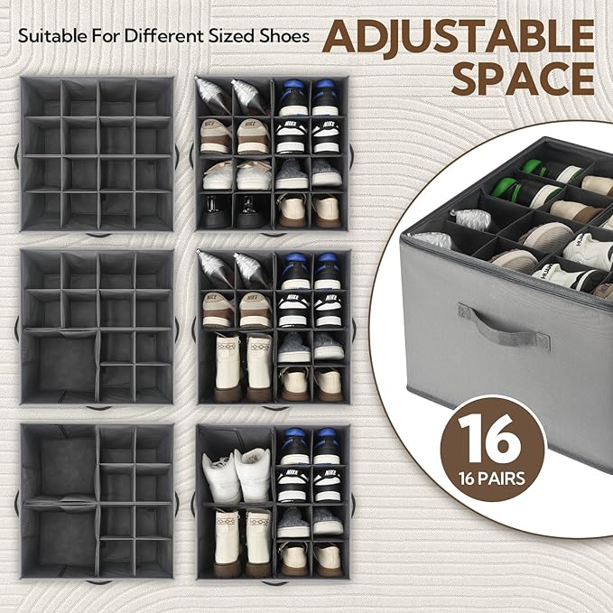 Shoe Organizer for Closet, 2 Pack Foldable Shoe Storage Bins with Clear Cover and Adjustable Dividers, Fits up to 16 Pairs, Large Shoe Box Storage Containers with Reinforced Handles (grey)