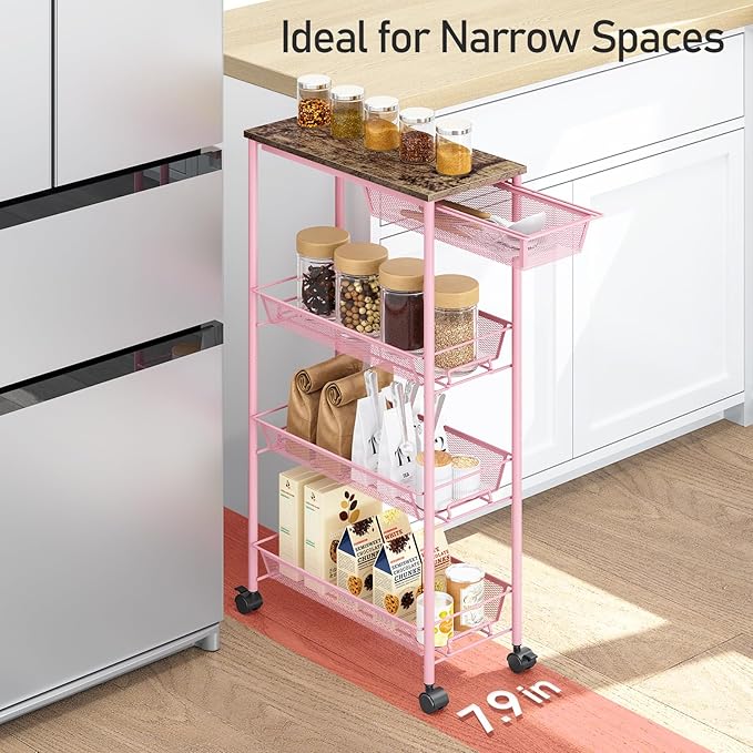 KINGRACK 4-Tier Slim Storage Cart, Metal Rolling Cart, Organizer with Wooden Tabletop and Drawer Basket, Mobile Shelving Unit for Kitchen, Bathroom, Laundry Room, Pink
