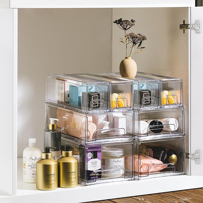 Sorbus Fridge Drawers - Clear Stackable Pull Out Refrigerator Organizer Bins - Food Storage Containers for Kitchen, Freezer, Vanity & Fridge (3 Pack | 1 Medium, 2 Small Stackable Drawer Bins)