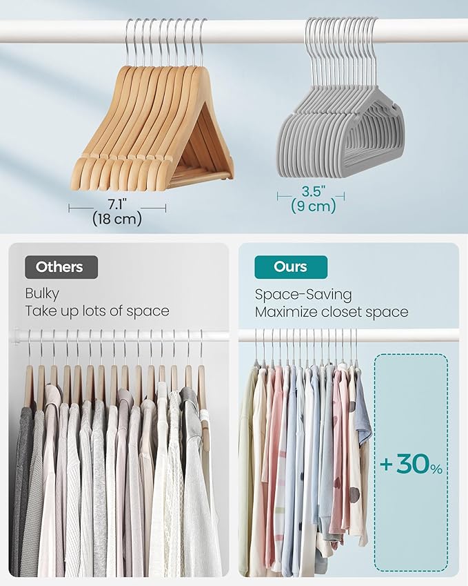 SONGMICS Kids Hangers 50 Pack, 14 x 8 Inches, Non-Slip Velvet Baby Hangers for Closet, Space-Saving, Wide Shoulder Notches, Dove Gray UCRF038G01