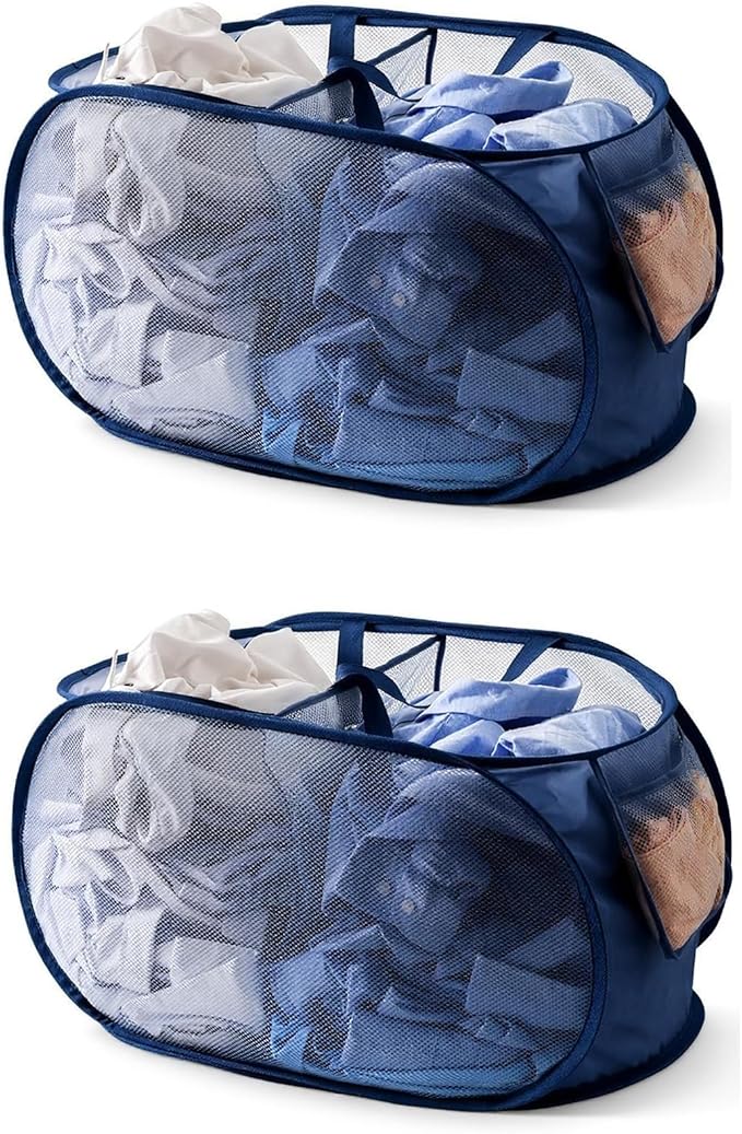 LINLOOM Foldable 2-Section Laundry Hamper Basket with Handles, 2-Pack Storage Organizer for Home, Breathable Mesh Divider Sorter for Whites & Colors, Collapsible Clothes Bin, Navy Blue