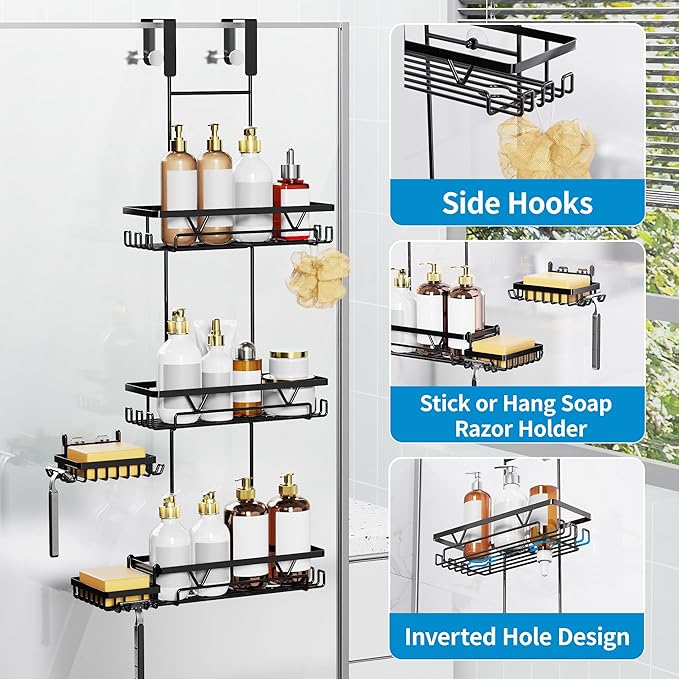 KEGII Shower Organizer Hanging Over the Door, 3 Tier Large Capacity Shower Caddy with 2 Soap Holders & Razor Holders, 18 Hooks & 4-in-1 Dual Hooks, Adjustable Rustproof Bathroom Rack, Black