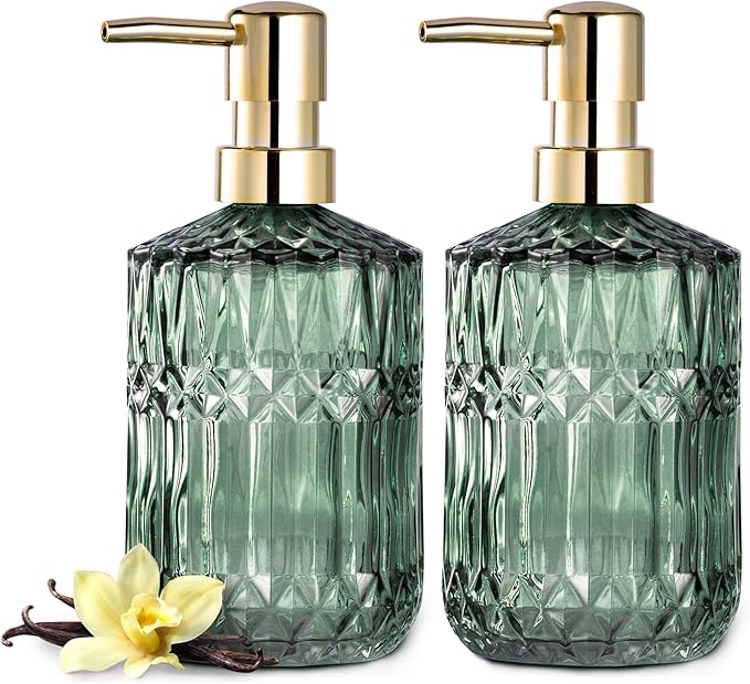 EMPO Clear Glass Soap Dispenser with ABS Plastic Pump, Crystal Lotion Dispensers for Kitchen Sink, Bathroom (2Pack Green)