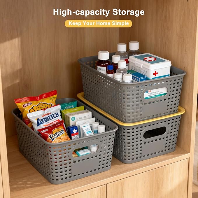 AREYZIN Plastic Storage Bins with Lid,Stackable Storage Bins and Storage Baskets for Shelves,Small Baskets for Organizing, Small Storage Bins,10.2x7.2x4.1 Inch,6-Pack, Gray