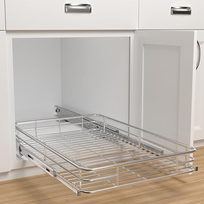JOWBOOW Pull Out Cabinet Organizer (13.4" W x 21" D), Put Out Shelves for Kitchen Cabinets, Roll Out Drawers Heavy-Duty Metal Sliding Shelf, Bottom Mount