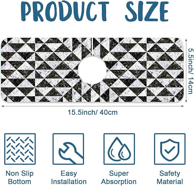 Granite Floor Tiles Sink Faucet Absorbing Mat Mosaic Texture Super Absorbent Fast Drying Mat Sink Gadgets Behind Faucet Sinkmat for Kitchen Bathroom, 15.5"x5.5"