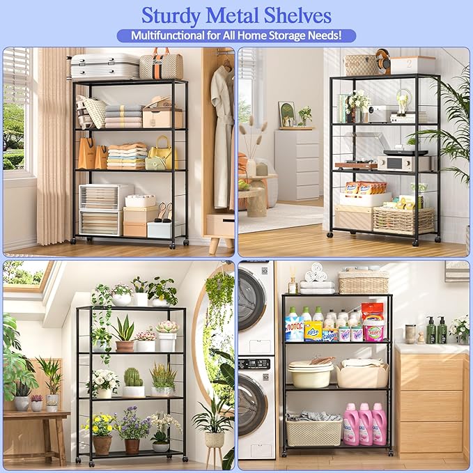4 Tier Wire Shelving, Rolling Storage Rack with Wheels, Metal Shelving Unit with Adjustable Shelf, Black Shelves for Kitchen, Garage, Pantry & Closet Organizer 32.7" L x 11.8" D x 49.2" H