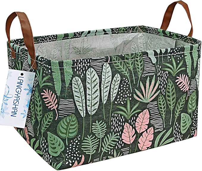 LANGYASHAN Rectangular Storage Bin Collapse Canvas Fabric Cartoon Storage Basket with Handles for Organizing Home Kitchen Boys and Girls Toys Office Closet Shelf Baskets(Rec Full Leaf)