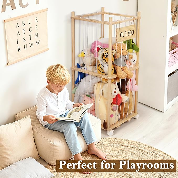 Stuffed Animal Storage Zoo, Wooden Stuffed Animal Organizer with Removable Wheels & 5-Row Elastic Cords, Space-Saving Plush Toy Storage Holder for Playroom, Bedroom, Nursery