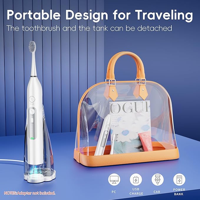 Electric Toothbrush with Water Flosser, All in One Sonic Flossing Toothbrush with 3 Modes & 5 Flossing Speeds & 4 Brush Heads, Rechargeable & Portable for Adult Teeth Cleaning,White