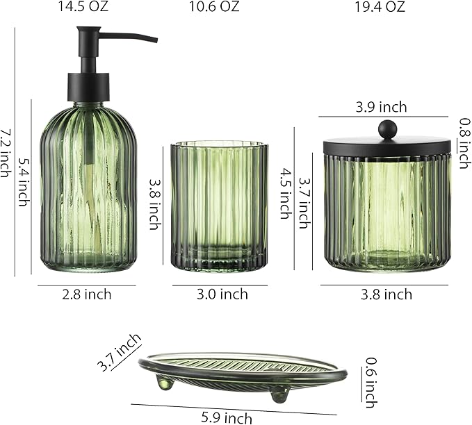 4PCs Heavy Weight Decent Glass Bathroom Accessories Set with Decorative Pressed Pattern - Includes Soap Dispenser, Lidded Cotton Jar, Tumbler and Soap Dish(Olive Green)