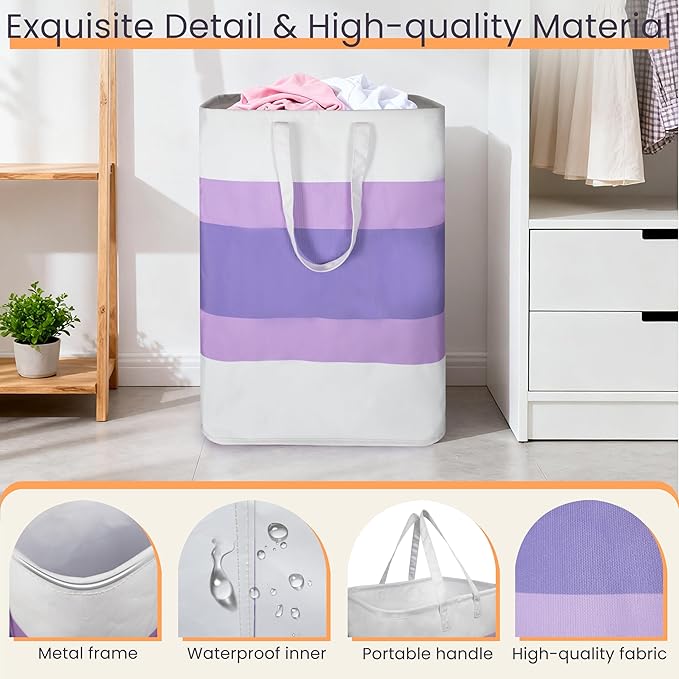 Stylish Freestanding Laundry Hamper with Waterproof Liner,72L Foldable Laundry Basket with Portable Handles Space-saving Storage Basket for Bedroom,Bathroom,Laundry Room,Easy Carry to Travel (Purple)