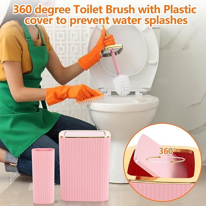 Bathroom Accessory Set,9 Pieces Pink Bathroom Accessories Set with Trash Can, Toothbrush Holder, Soap Dispenser, Toothbrush Cup, Vanity Tray, Soap Dish, Toilet Brush, Qtip Holder