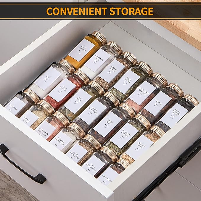 36 Pcs Spice Jars with Label- Glass Spice Jars with Gold Metal Caps,Shaker Lids, Funnel, Chalk Pen, Brush,Cleaning Cloth,Skiileor 4oz Seasoning Containers Bottles for Spice Rack, Cabinet, Drawer
