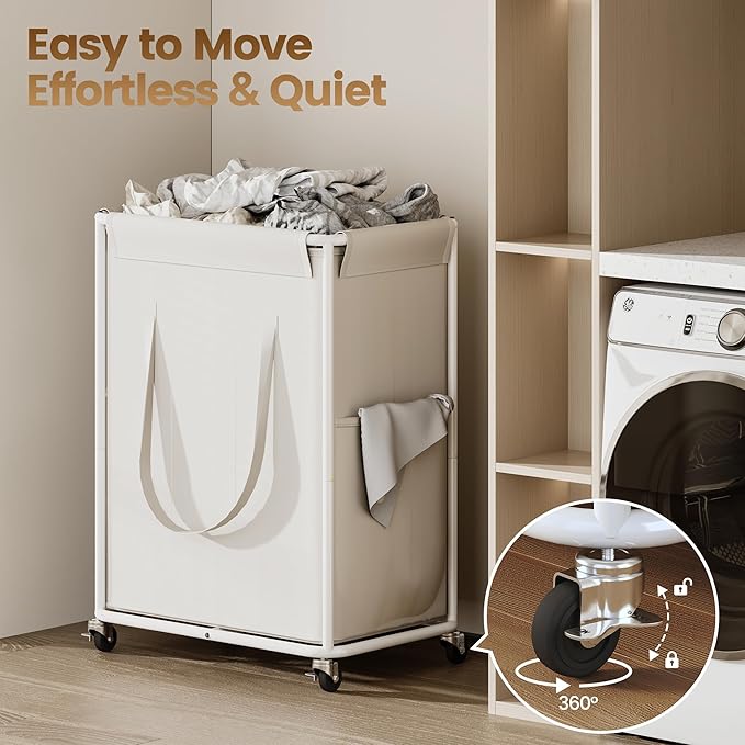 Homeiju 180L Large Laundry Hamper with Wheels, Rolling Laundry Basket with Metal Frame and Removable Bag Design, Dirty Clothes Laundry Cart for Bathroom, Dorm Room, Laundry Room, White
