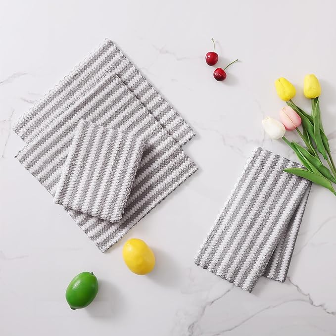 Homaxy 18 Pack Kitchen Dish Cloths, Ultra Soft and Absorbent Dish Towels, Reusable Fast Drying Microfiber Cleaning Cloth, Coral Velvet Wave Design No-lint,10 x 10 inches, Grey